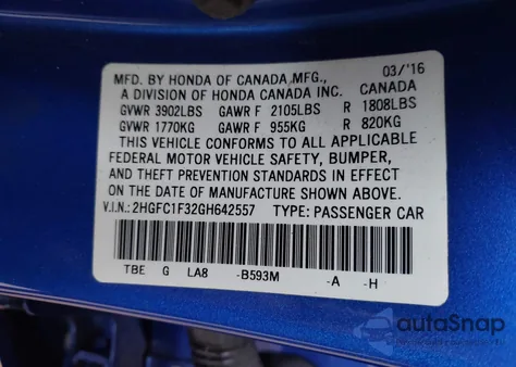 2016 Honda Civic Ex-T from USA, damaged, VIN 2HGFC1F32GH642557
